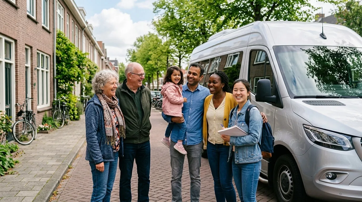 Diverse groep tevreden reizigers, van student tot gezin en oudere mensen, bij een nette moderne taxibus in de regio