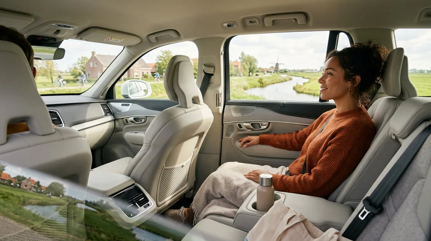 Ruim en verzorgd interieur van een moderne taxi met een ontspannen passagier bij daglicht