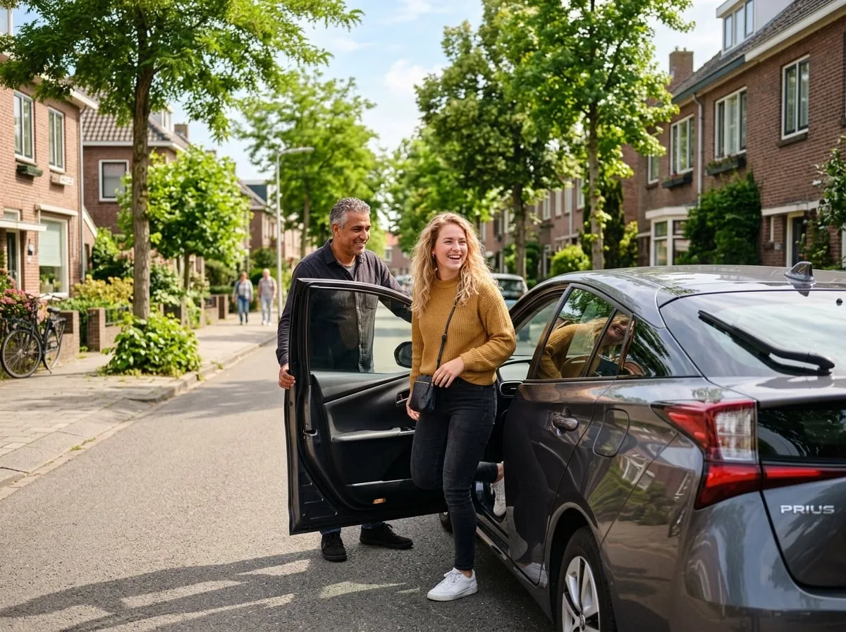 Vrolijke vrouw stapt in een nette moderne taxi op een zonnige straat in de regio Leiden
