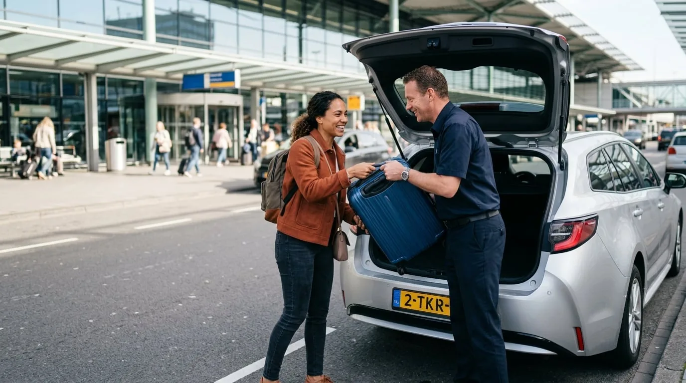 Taxichauffeur helpt een reiziger met de koffer voor een rit naar de luchthaven