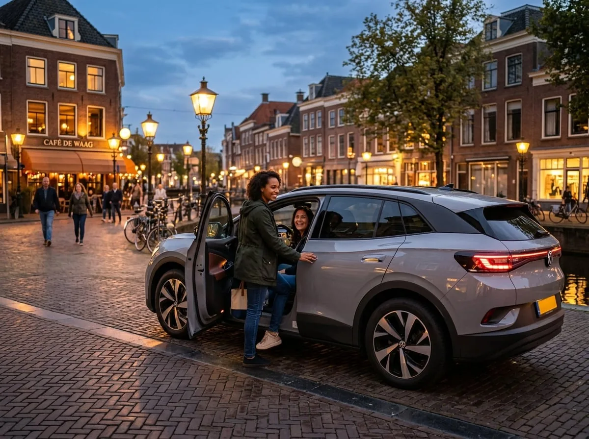 Reiziger stapt veilig in een nette taxi op een verlichte straat tijdens de vroege avond