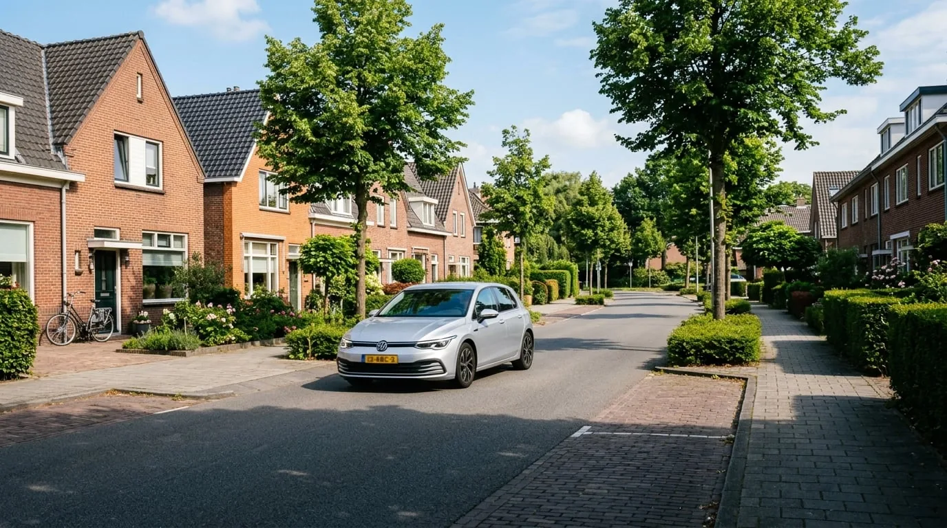 Nette moderne taxi rijdt door een rustige woonstraat in de regio bij helder daglicht