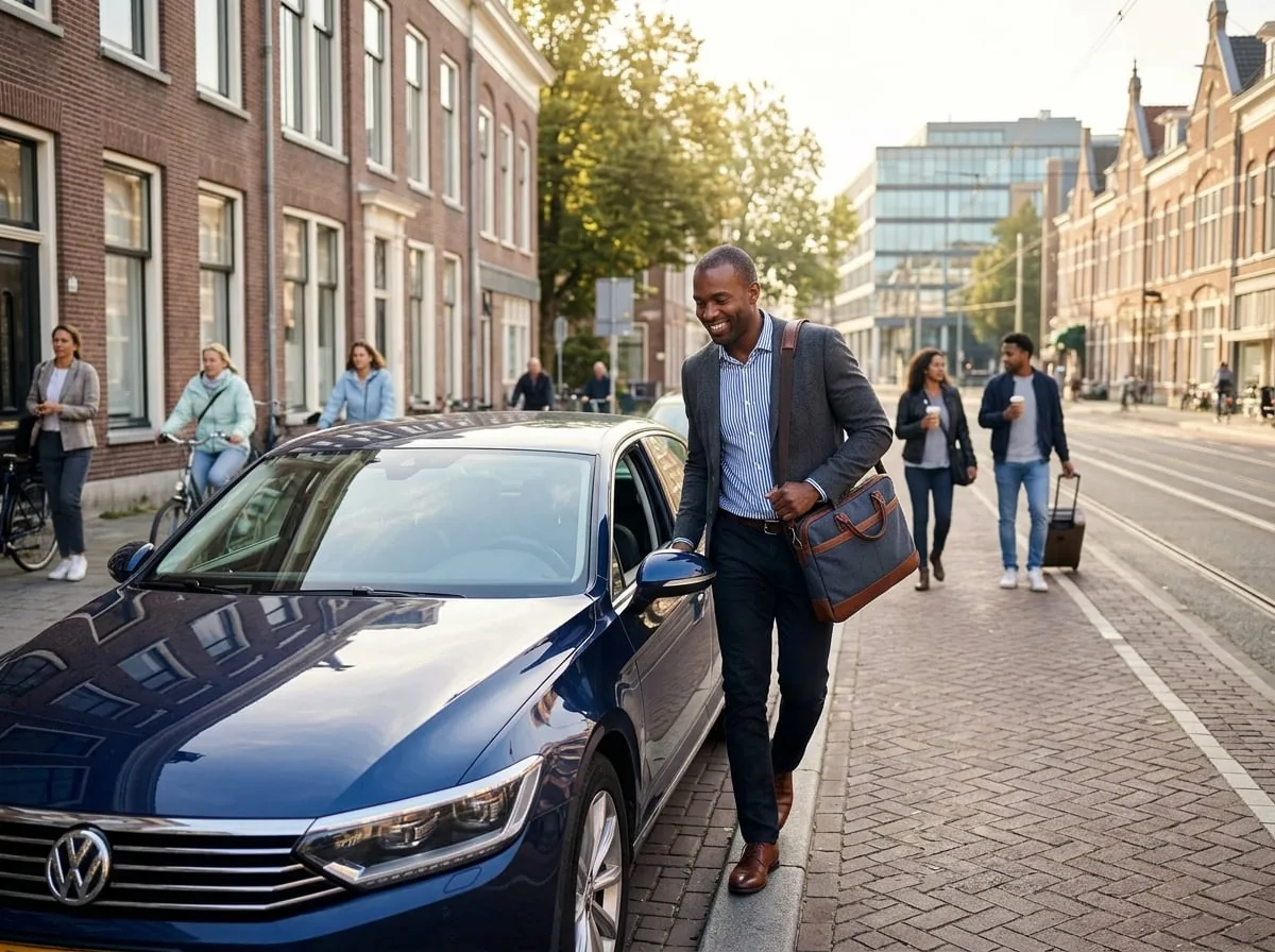 Nette zakelijke reiziger met laptoptas stapt in een moderne taxi op een heldere ochtend